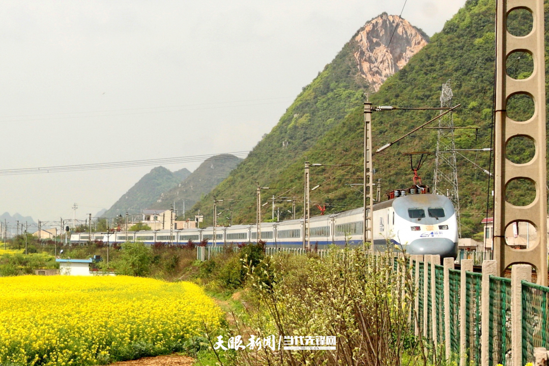 2012年4月10日，在貴州省安順市市郊，一列“藍箭號”快速動車組正行駛在鐵路線上。（張貴忠 攝）.jpg